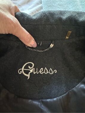 GUESS Dark Gray Wool Blend Coat with Embroidered Logo